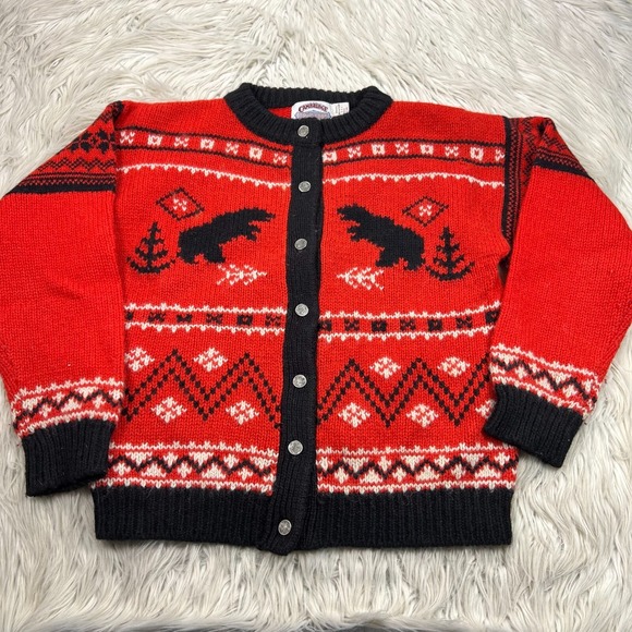 Cambridge Dry Goods Sweaters - Vintage Cambridge Dry Goods Women's M Fair Isle Bear Button Cardigan Wool Red